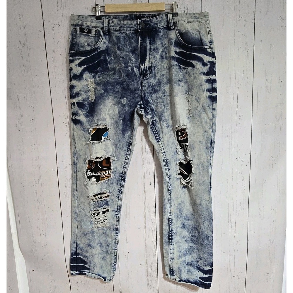 Switch Homme Jeans Mens 44x32 Blue Acid Wash Distressed Ripped Graphic Patchwork
